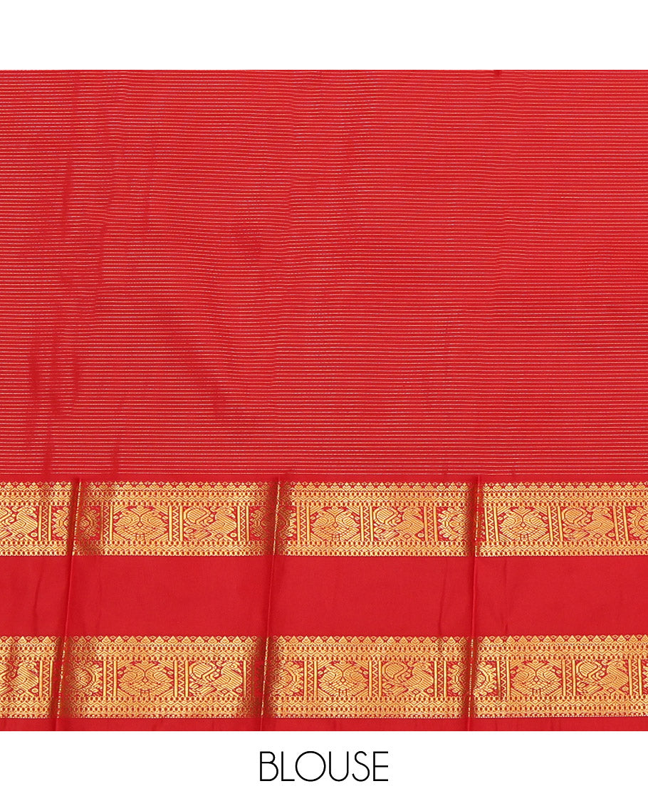 Green Budget Silk Saree, Enriched with Stripes and Floral Buttas, a Contrast Rettai Pettu Zari Border, a Grand Pallu and a Contrast Blouse