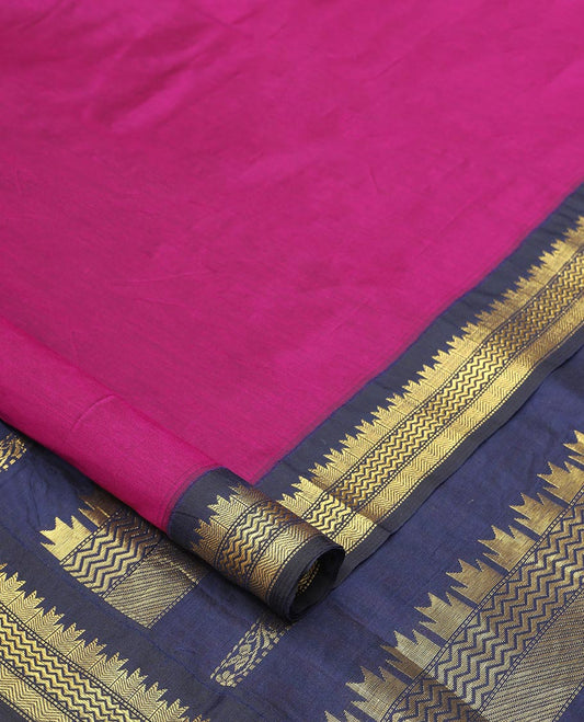 Magenta flower buttas nine yards cotton saree with contrast intricate zari design border & striped zari design pallu