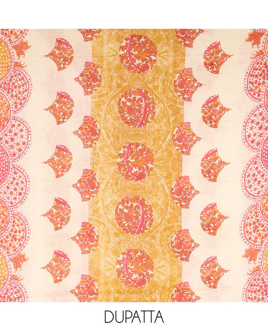 Mustard pure cotton material chudidar set, floral print with French knot and bead work top, plain cotton bottom, and floral-geometric printed dupatta