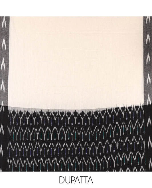 Black material chudidar set, ogee patterned pure cotton pochampally ikkat top, contrast bottom & dual-color ikkat motifs pure cotton pochampally ikkat dupatta