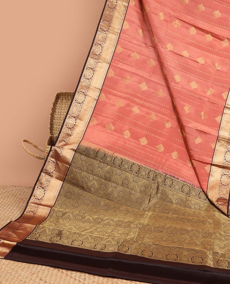 Orange geometric design vasundhara silk mix saree with contrast intricate zari design border & floral zari design pallu
