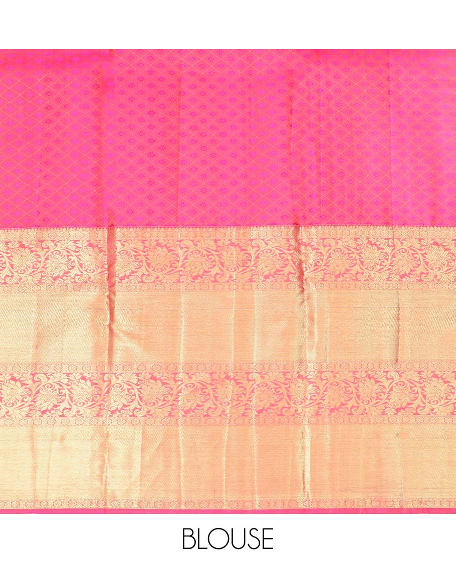 Blue round floral buttas pure silk half saree with contrast zari border,  contrast zari design blouse & plain with zari border dhavani