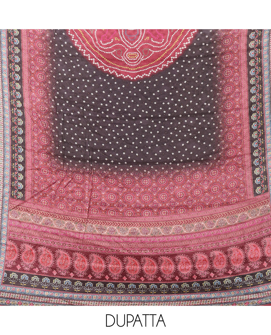 Wine crepe chudidar material set, ajrakh-print with daman floral design top, plain bottom & dupatta of bandhani dots & ajrakh-style print