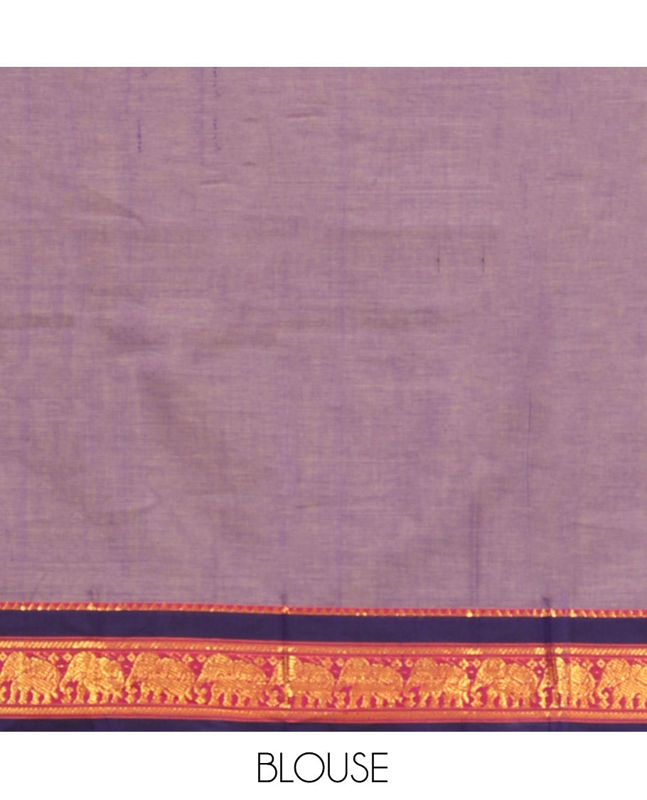Grey Cotton Half-Saree Features Plain Skirt, a Contrast Elephant Zari Border, a Matching Blouse, and a Contrast Dhavani