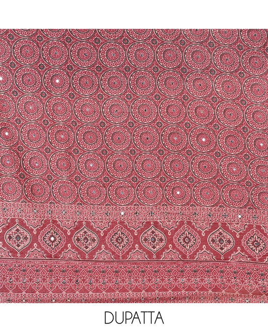 Magenta material chudidar set, plain Vichitra silk top, santoon bottom, and dupatta of Ajrakh print and mirror work