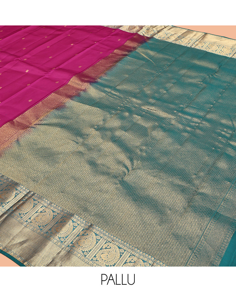 Magenta Vasundhara Lite Silk Mix Saree, Gleamed Up with Zari Buttas, a Contrast Border of Thilakam Mokku, Poun, Arumbu Manga, and Kuyil Kann, Grand Pallu, and a Contrast Blouse