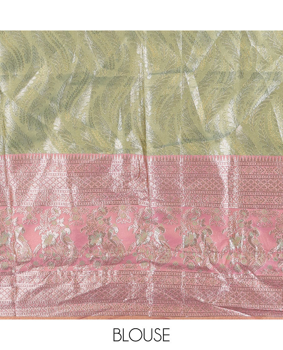 Light green-pink banaras tissue half saree, jacquard with contrast traditional zari bordered skirt, matching blouse, and Vichitra silk embroidered dhavani