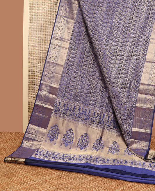 Blue floral design kancheepuram silk saree with self border of floral zari design border & floral design pallu