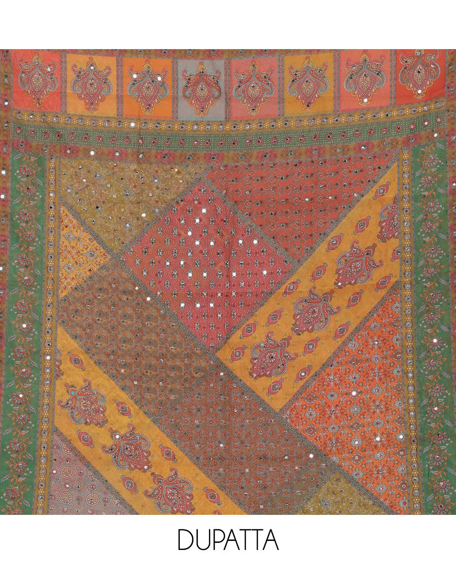 Green organza material chudidar set, Ajrakh printed,stone & mirror work top, santoon bottom & dupatta of floral print & mirror work