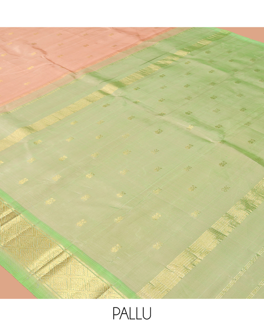 Peach Kanchipuram Silk Saree, Woven with Zari Buttas, Complemented by a Contrast Border of Jaal Design, Pallu of Zari Design, and No Blouse