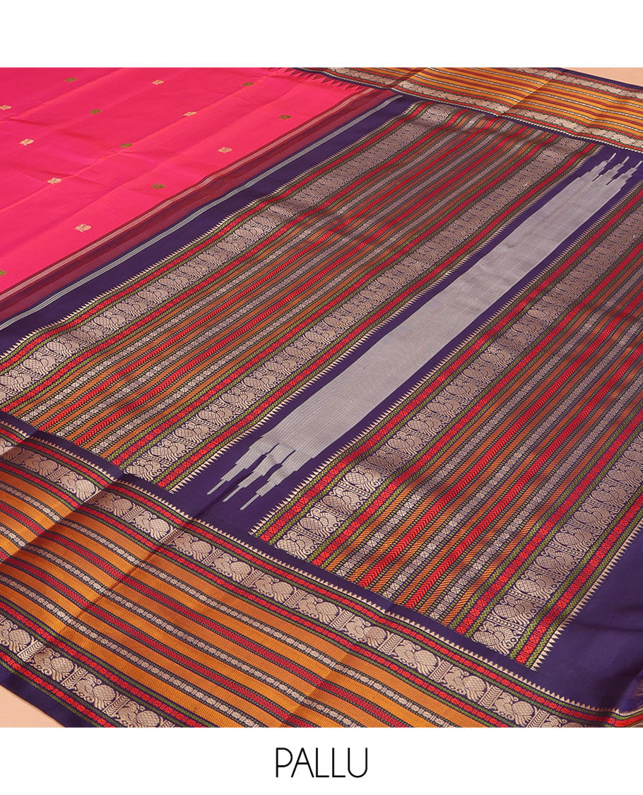 Pink Kanchipuram Silk Saree, Artfully Designed with Mayil Buttas on Its Body, Complemented by a Contrast Border of Rekku, Rudraksham, Mayil, and Kathir Designs, Pallu Steeped with Geometric Designs, and Paired with a Contrast Blouse