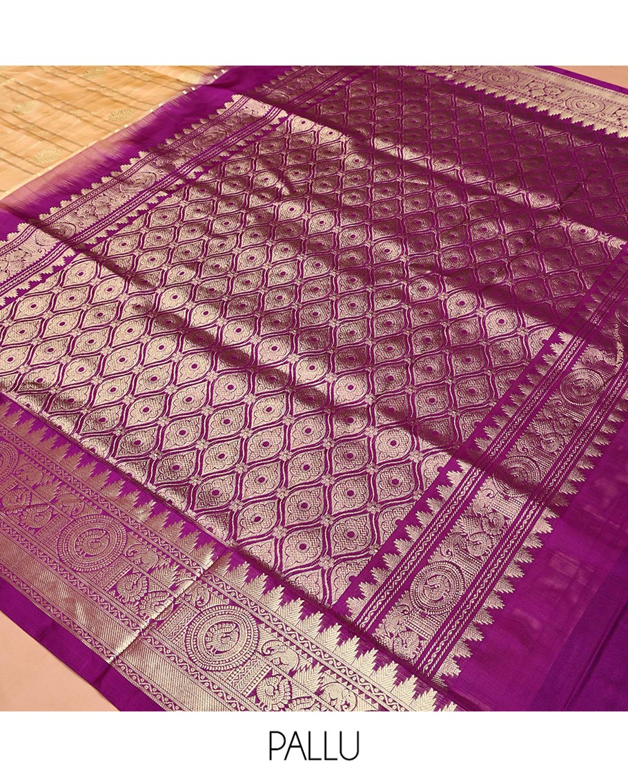 Sandal Venkatagiri Silk Saree, Masterfully Woven with Zari Buttas and Zari Stripes All Over Its Body, Complemented by a Contrast Temple Traditional Zari Border of Peacock and Elephant Designs, Grand Pallu of Jaal Designs, and Paired with a Contrast Blouse