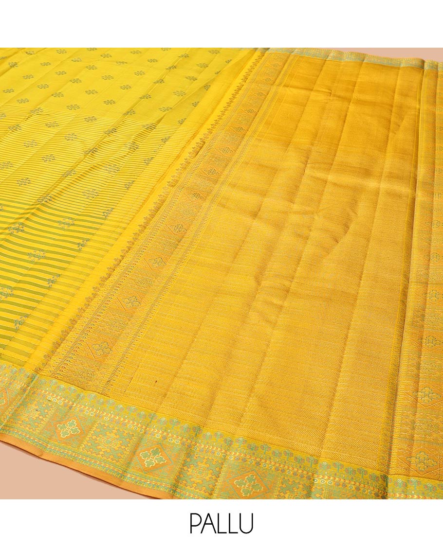 Yellow Kanchipuram Designer Silk Saree, Beautifully Bedecked with Stripes and Unique Buttas All Over Its Body, Meenakari-Style, Uniquely Patterned Border, Pallu of Vanki Designs, and Paired with a Matching Blouse
