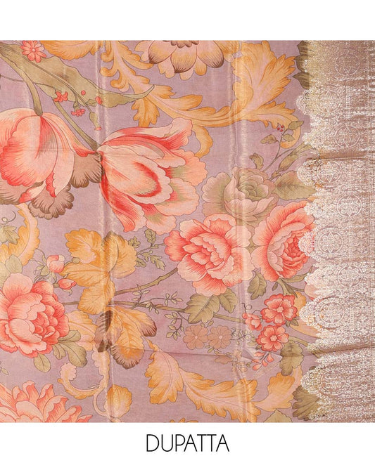 Pink material chudidhar set, jacquard & embroidered top, plain bottom & floral printed dupatta