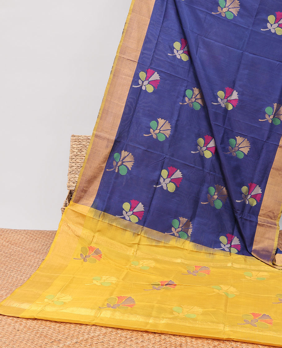 Blue floral buttas uppada silk saree with contrast plain border & floral design pallu