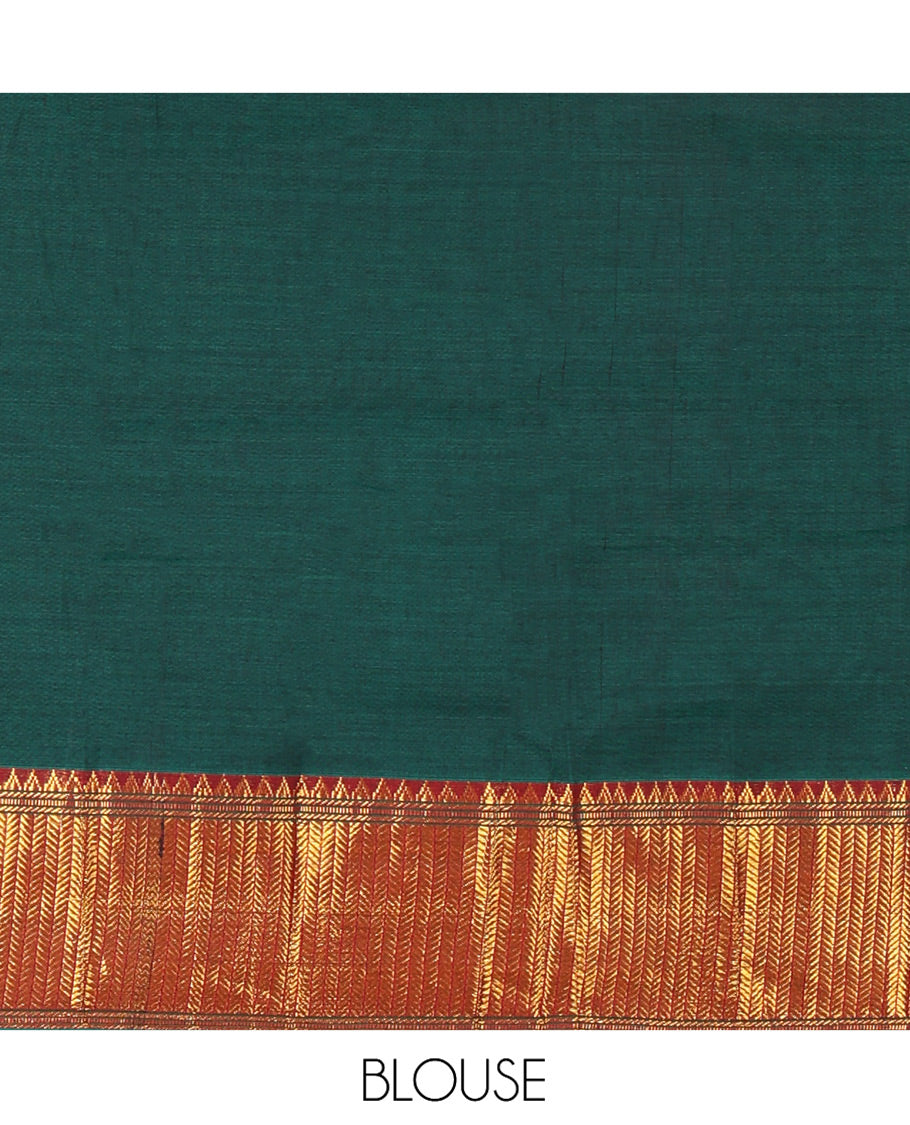 Bottle Green Mercerised Cotton Half-Saree Features Plain with Contrast Traditional Zari Temple Bordered Skirt, Paired with a Matching Blouse, and Comes with a Contrast Zari-Bordered Dhavani