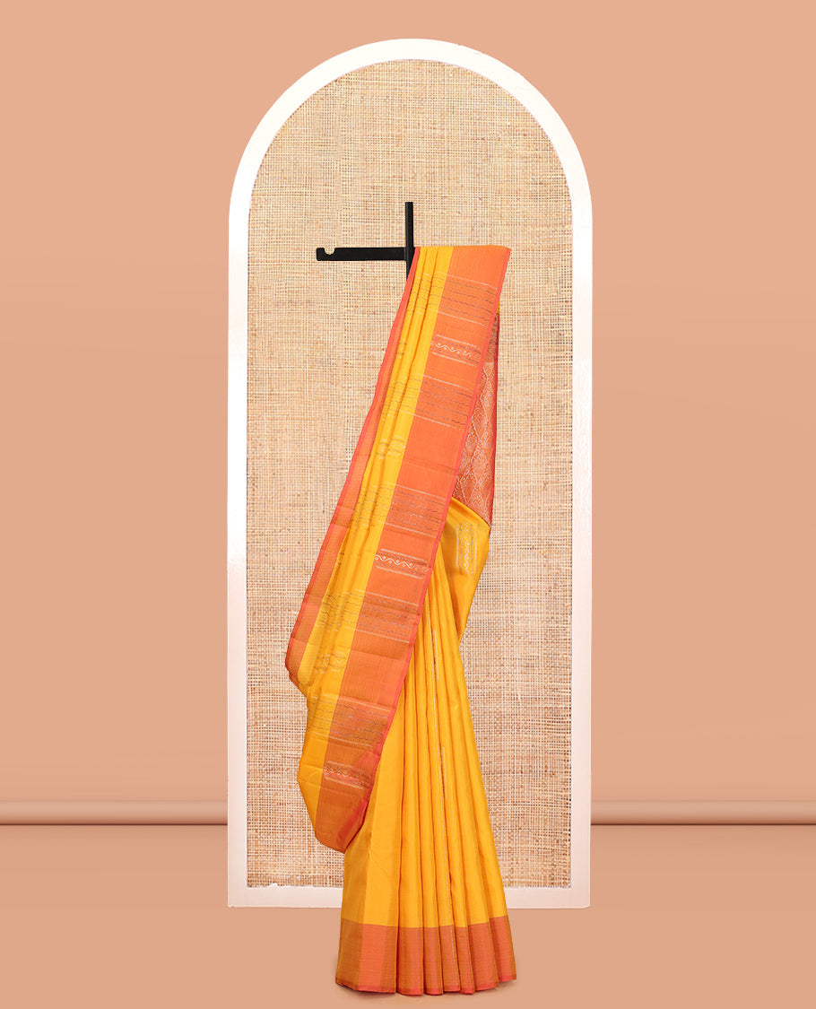 Yellow Mayuri Lite Silk Mix Saree, Sparsely Woven with Zari Buttas, Contrast Zari Buttas Border, Jaal Pallu, and a Contrast Blouse