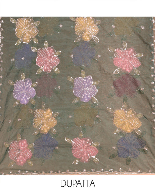 Bottle Green Vichitra Silk Material Chudidar Set, Adorned with Pom-Pom Necklined Top, a Plain Santoon Bottom, and Paired Scallop Multi-Color Floral Embroidered Organza Dupatta