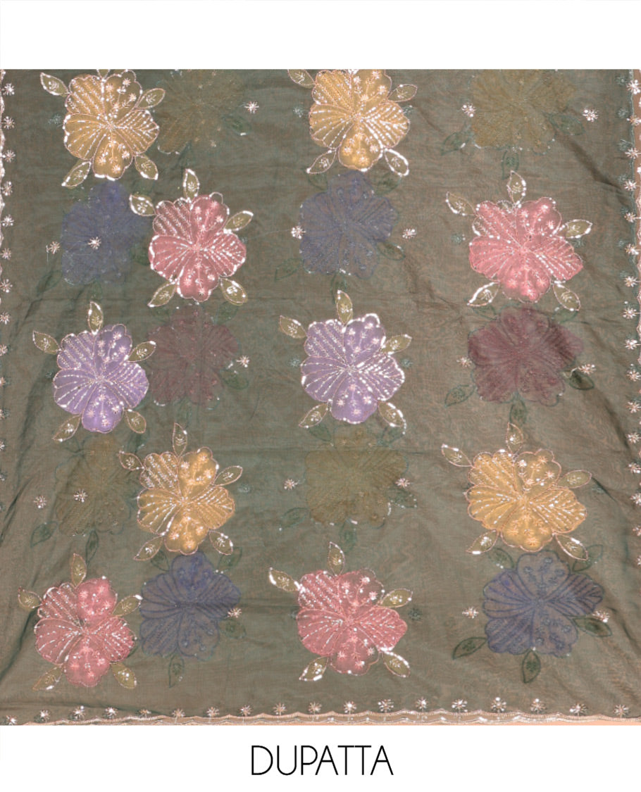 Bottle Green Vichitra Silk Material Chudidar Set, Adorned with Pom-Pom Necklined Top, a Plain Santoon Bottom, and Paired Scallop Multi-Color Floral Embroidered Organza Dupatta