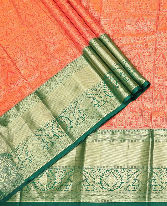 Orange Art Silk Material Half Saree Set, Accentuated with Jacquard Skirt, a Contrast Traditional Zari Design Border, Contrast Blouse, and Zari Designs Dhavani