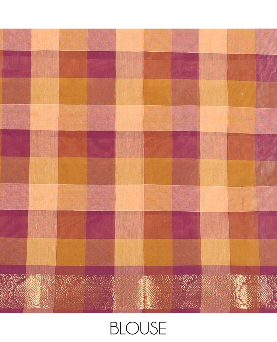 Multi-Color Checked Chettinad Cotton Half-Saree Showcasing a Zari Border, Matching Blouse, Contrast Dhavani