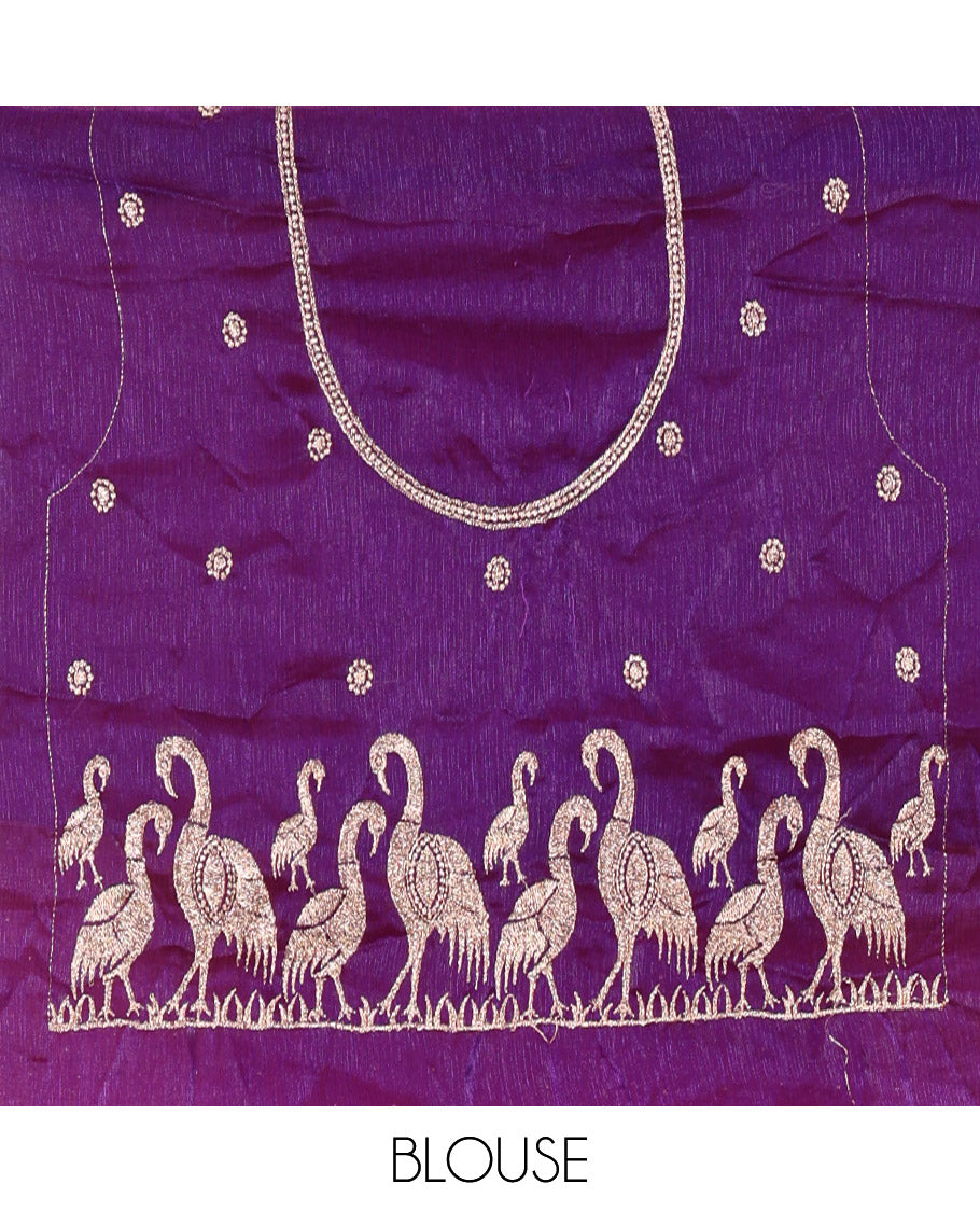 Violet Half-Saree Set, Finely Crafted with Stone Work and Bird Motifs Embroidery on Its Satin Georgette Skirt, Highlighted by Embroidered Border, Paired with a Matching Blouse, and Comes with a Contrast Scallop Stone Work Dupatta