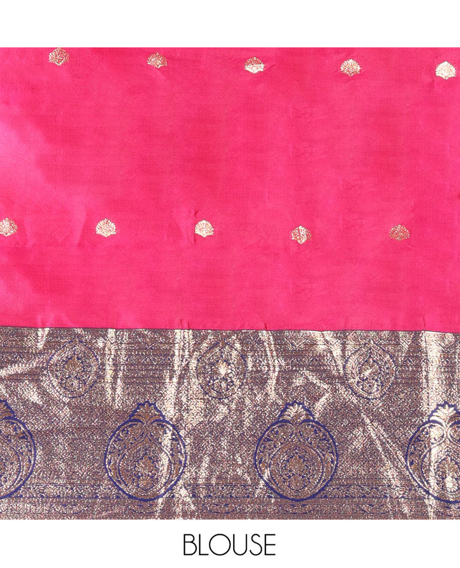 Pink and Navy Blue Semi-Banarasi Half-Saree, Elegantly Woven with Zari Buttas on Its Skirt, Complemented by a Contrast Intricately Zari-Designed Border, Paired with a Matching Blouse, and a Contrast Satin Georgette Embroidered Scallop Dhavani