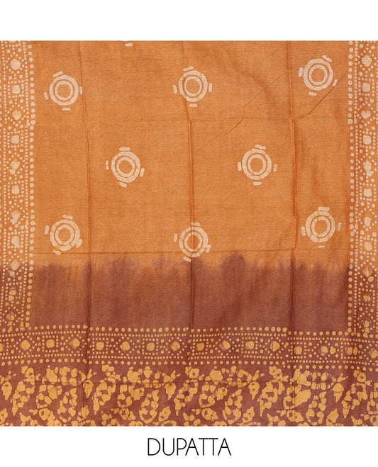 Mustard chudidhar material, leaf batik-print bhagalpuri cotton top,contrast batik-print bottom & dual-color printed mul-mul dupatta