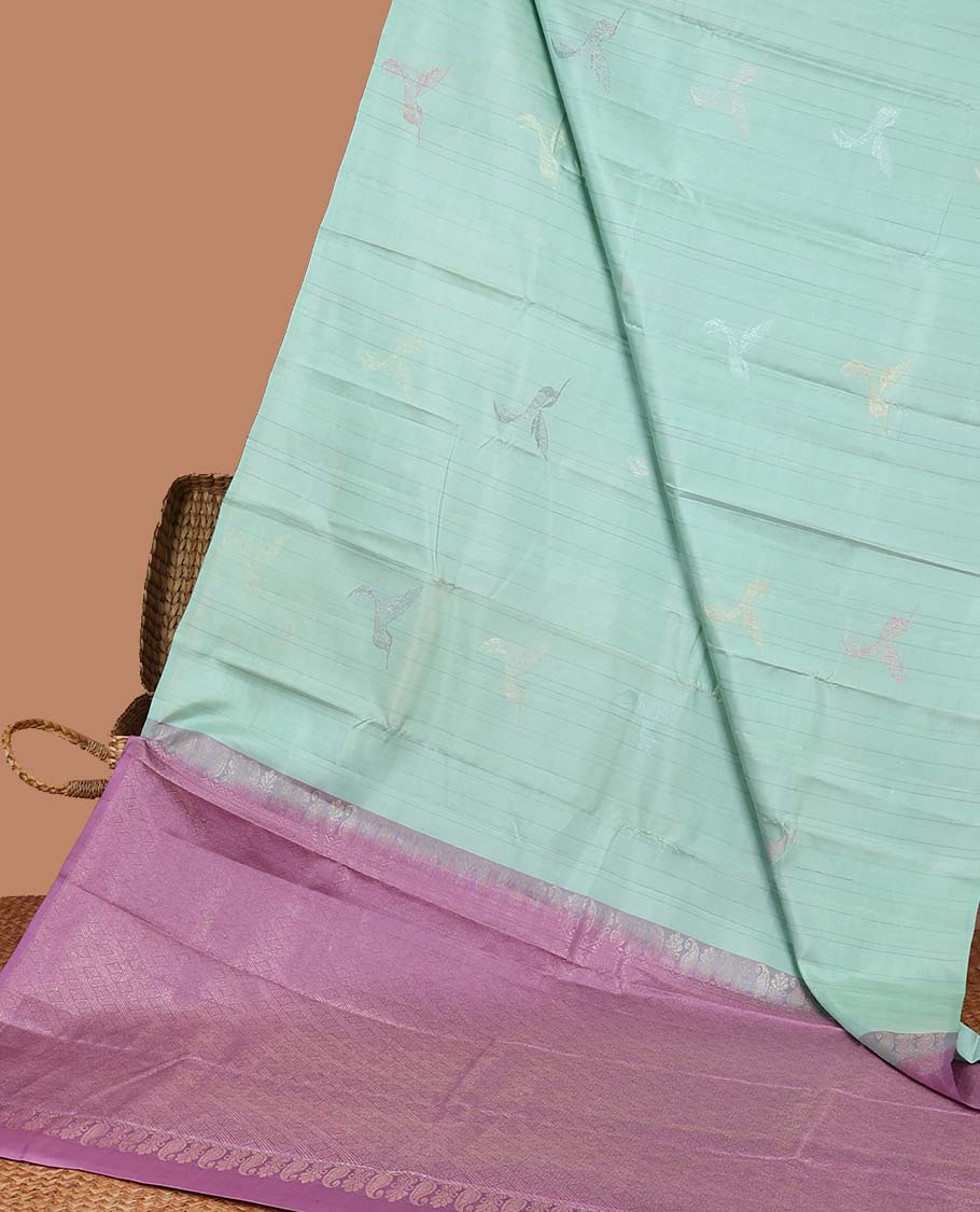 Borderless blue bird buttas Kanchipuram silk saree, contrast jaal design pallu