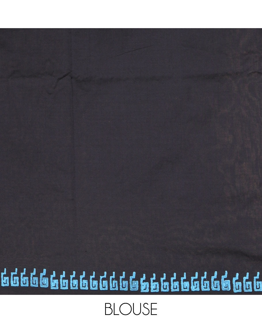 Black cycle with flower basket motifs block printed South cotton saree, Greek key motifs block printed border, a matching blouse, and a contrast floral motifs printed blouse