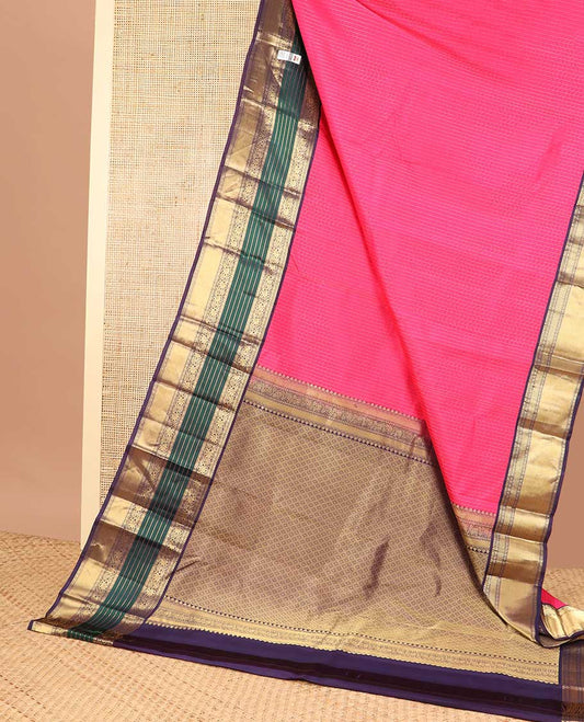 Pink striped silk saree with contrast floral zari design border & argyle design pallu