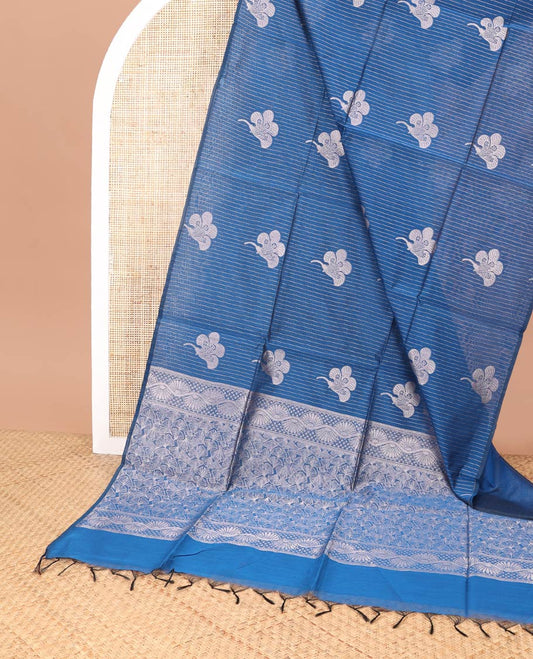 Borderless blue striped, floral motifs semi silk cotton saree with floral jaal design pallu