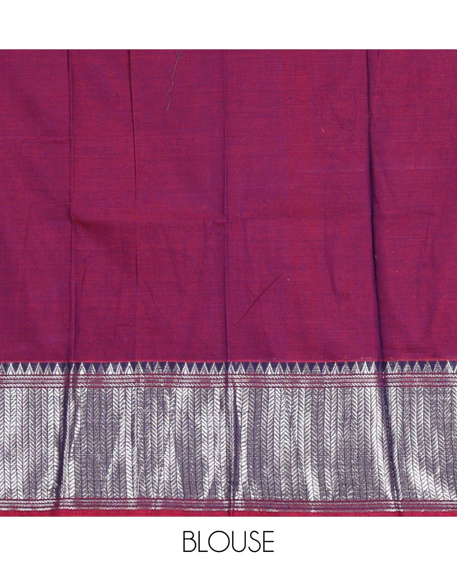 Magenta-Blue Mercerised cotton half-saree, plain & contrast temple geometric border skirt, matching blouse & contrast zari border Vichitra silk dhavani