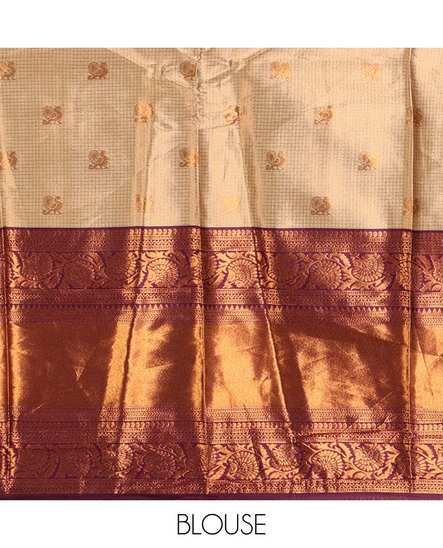 Gold banaras half saree, zari buttas with contrast wine traditional zari border skirt, matching blouse, dhavani of zari checks, and buttas