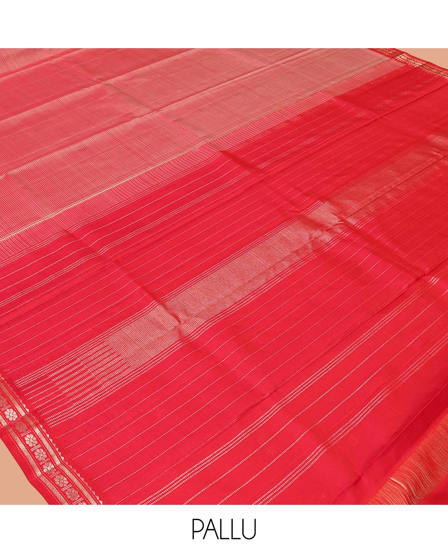 Pink Striped Kanchipuram Silk Saree, Complemented by a Contrast Border of Rekku, Vanki, and Kamalam Designs, Zari Muthu Striped Pallu, and Paired with a Contrast Blouse