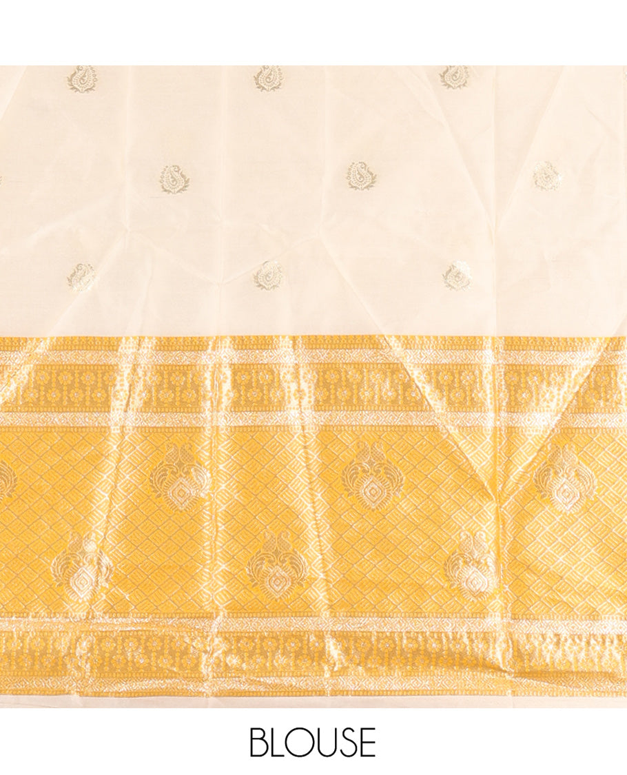 Cream-Yellow Semi-Banarasi Half-Saree Set Featuring Buttas Skirt, Contrast Traditional Border, Matching Blouse, and Banaras Dhavani