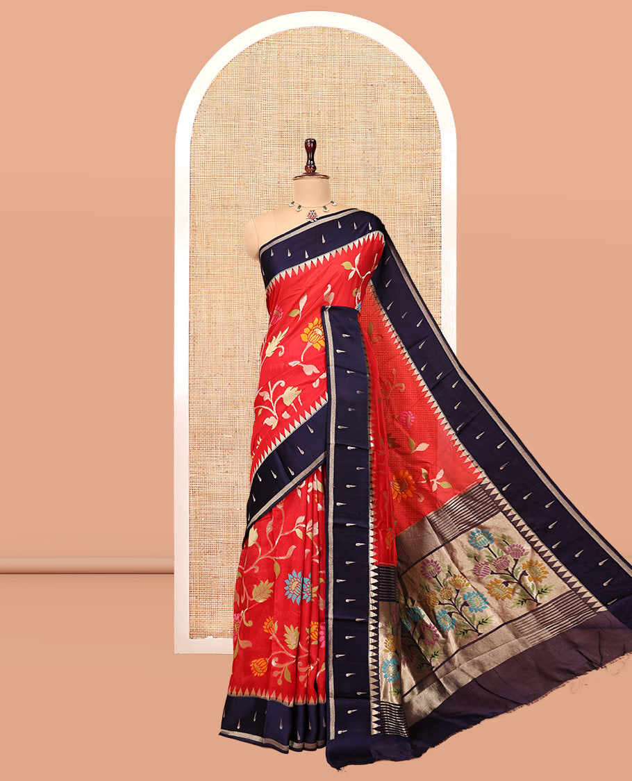 Red Paithani Floral Vine Organza Saree, Contrast Temple Muniya Border, Contrast Blouse