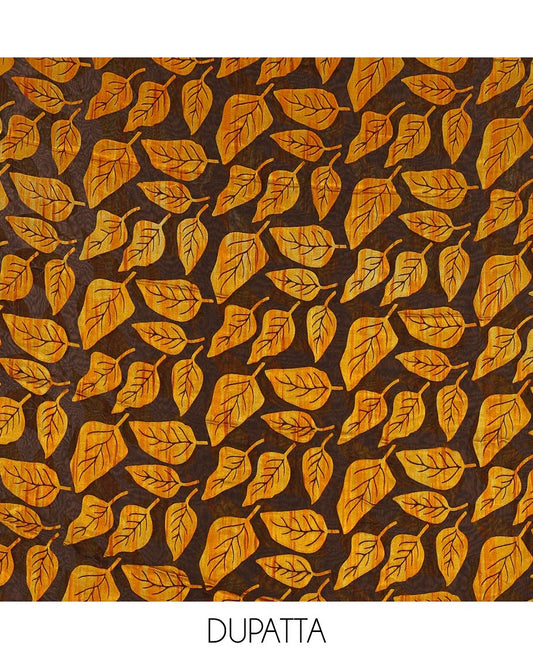 Black and yellow material churidar set, neck leaf print with mirror work Vichitra silk top, plain santoon bottom, and leaf printed shimmer georgette dupatta