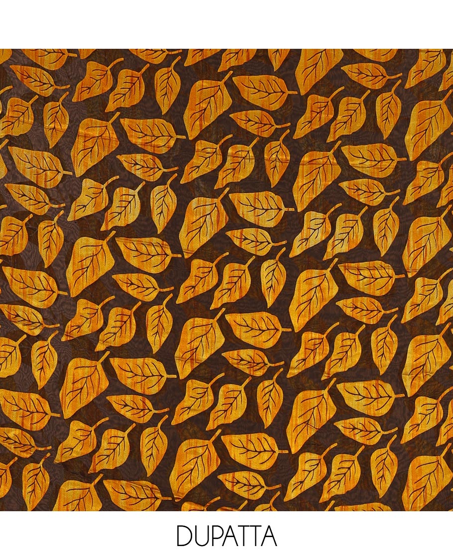 Black and yellow material churidar set, neck leaf print with mirror work Vichitra silk top, plain santoon bottom, and leaf printed shimmer georgette dupatta