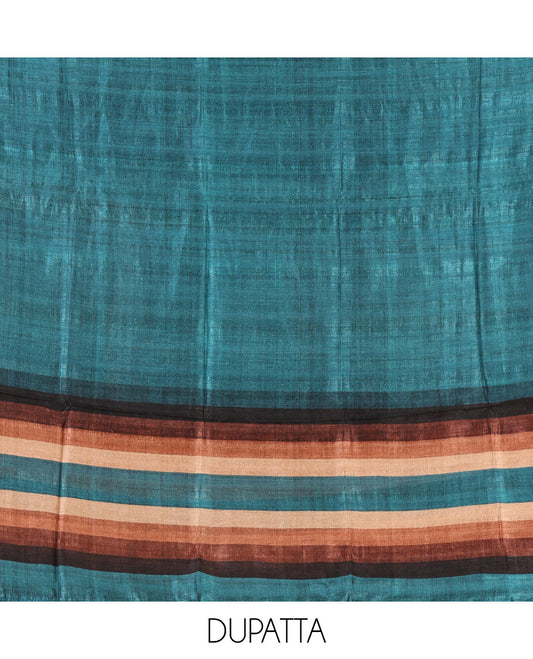 Teal material chudidar set, horizontal ombre striped semi-tussar top, plain santoon bottom & horizontal ombre striped dupatta with tassels
