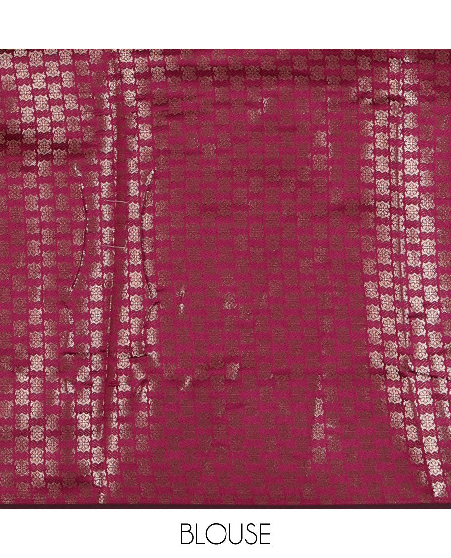 Cream-magenta semi-banaras half-saree, zari buttas & contrast traditional zari border skirt, jacquard blouse & intricately zari woven dhavani