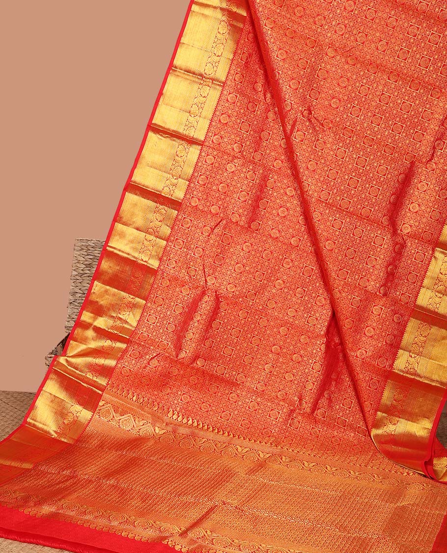 Red floral with checked design silk saree , self border of thilakam mokku,kuyil kann,kodi visiry design & intricate zari pallu