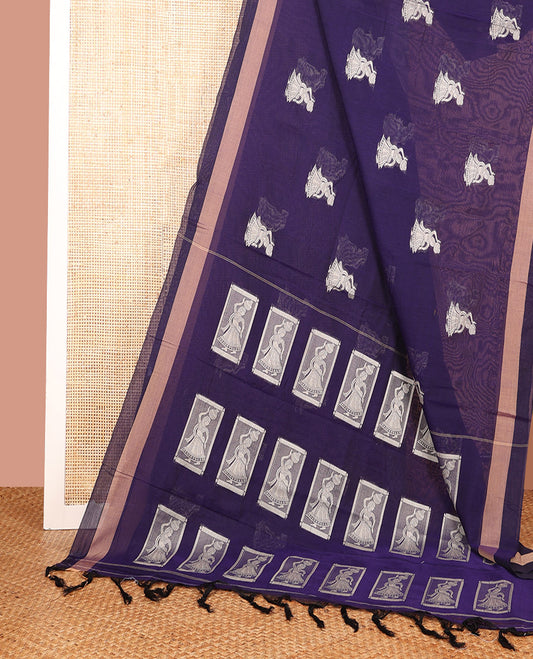 Blue Narayanapet Cotton Saree Adorned with Girl with a Pot Motifs, Subtle Self-Border, Pallu Mirrors the Same Body Motifs, and Paired with a Matching Blouse