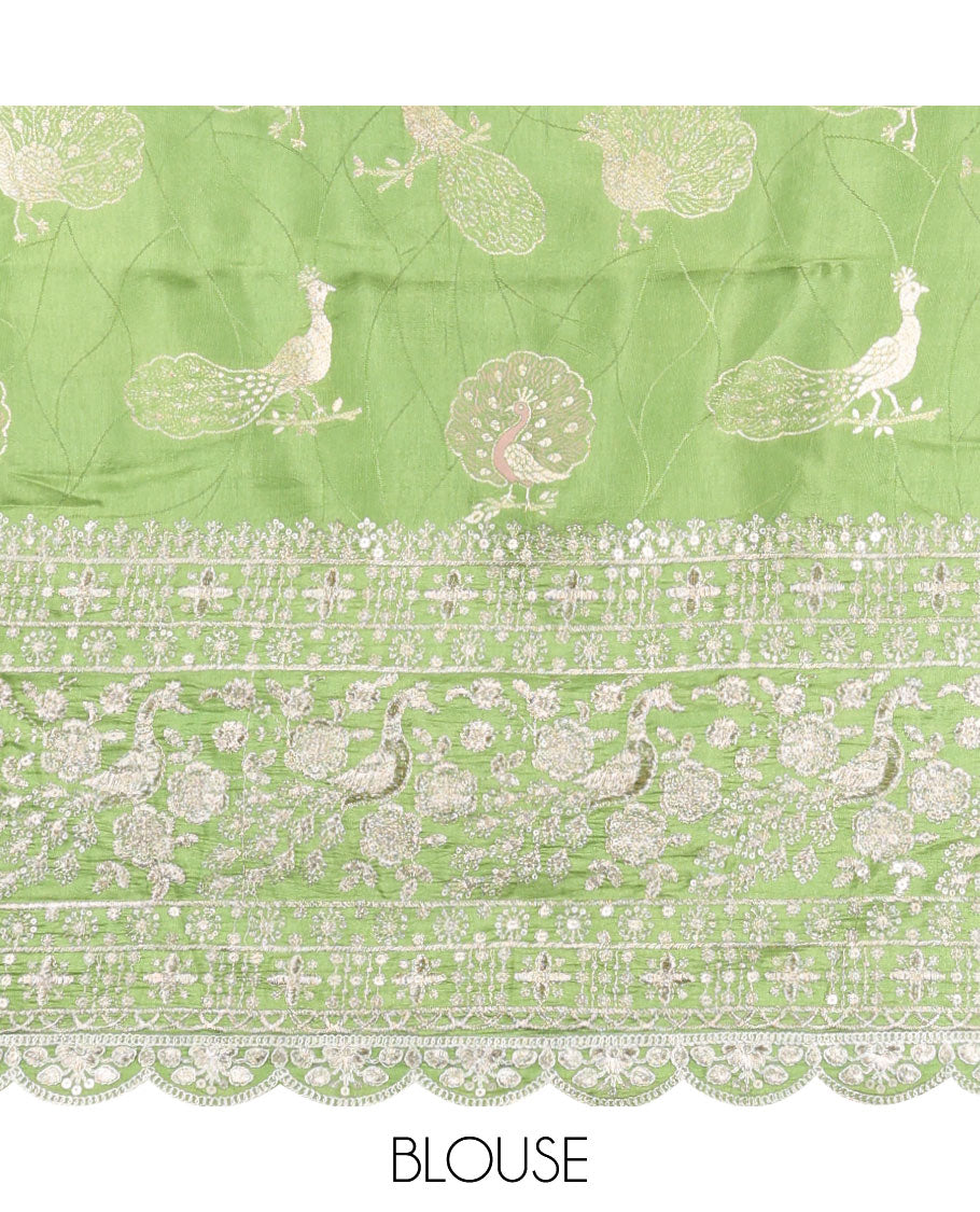 Green floral embroidery half saree with zari design blouse & floral embroidery dhavani