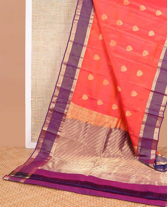 Red leaf buttas vasundhara elite silk saree with contrast rettai pettu zari design border & striped floral design pallu
