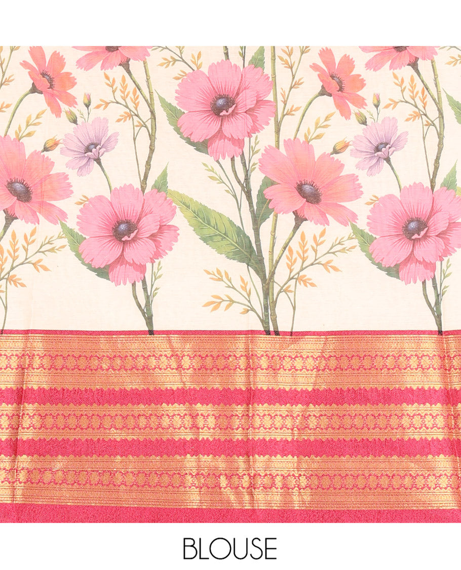Cream-Rani Pink Semi-Silk Half-Saree Features Floral-Printed Skirt, a Contrast Traditional Border, a Matching Blouse, a Floral Dhavani