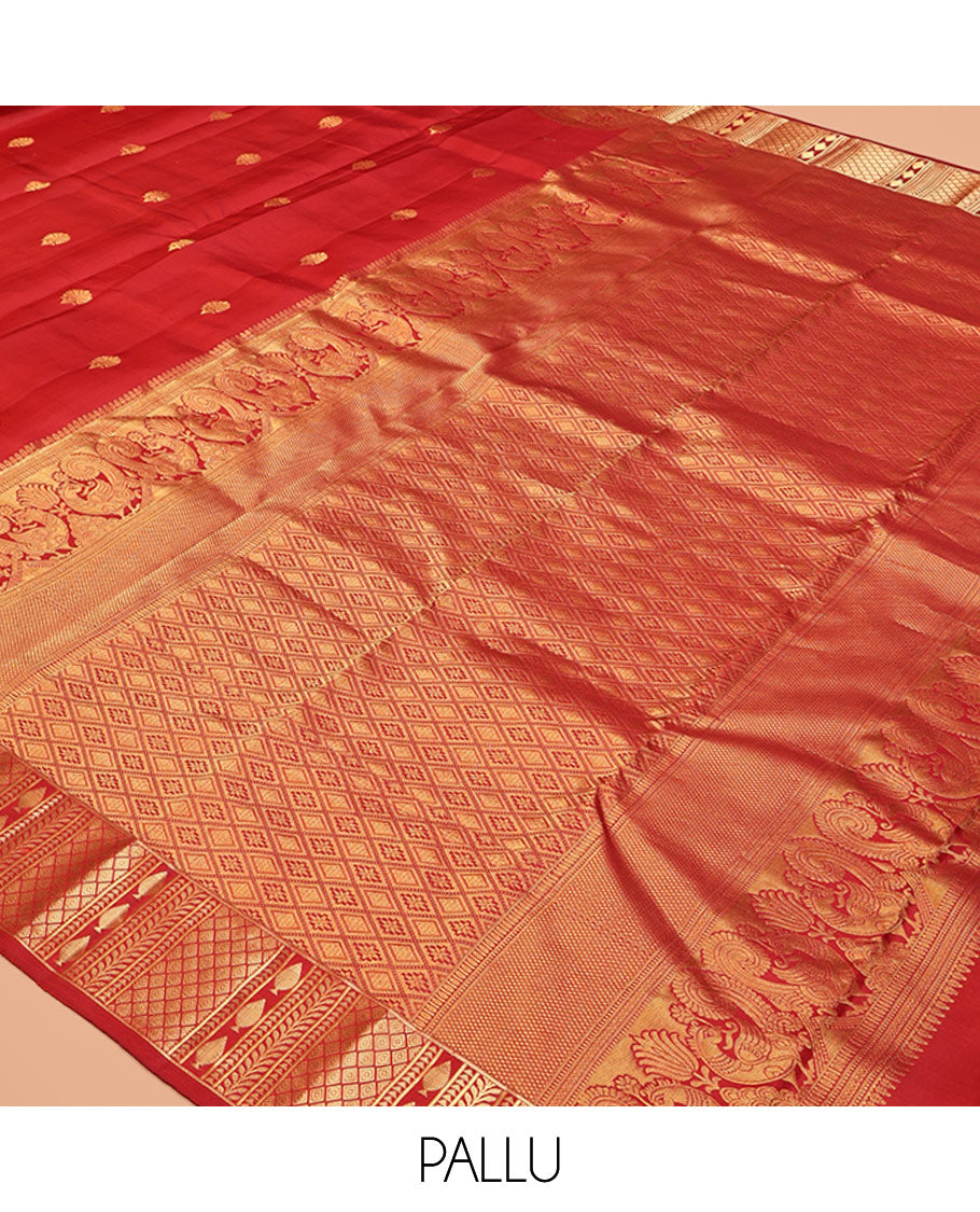 Red Vasundhara Silk Saree, Elevated with Zari Buttas, Scallop Traditional Zari Border, Jaal Pallu, and a Matching Blouse