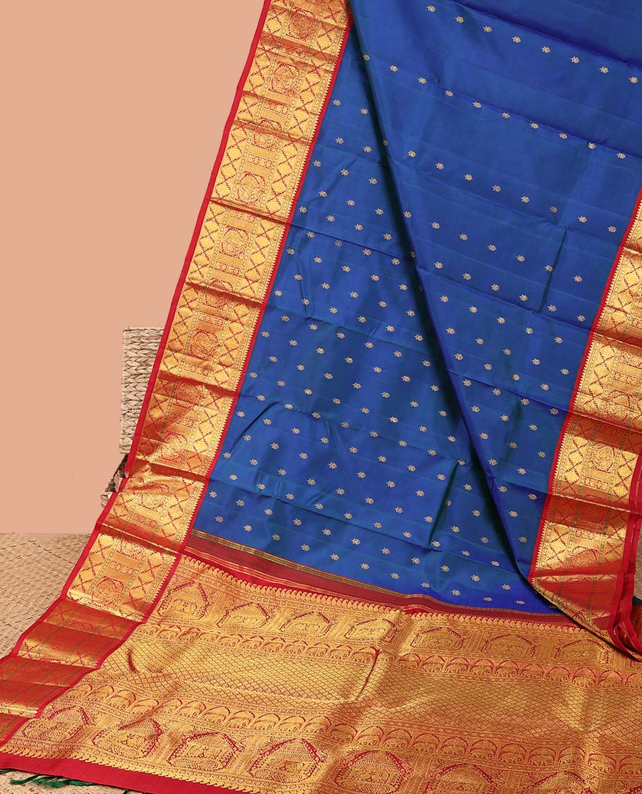 Blue floral buttas kancheepuram silk saree with korvai border of rekku, banaras, paun designs & intricate zari design pallu