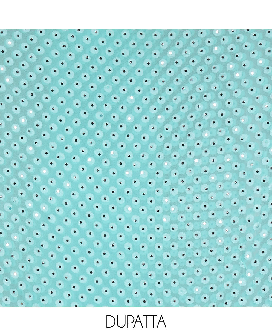 Aqua green material churidar set, stone work with Schiffli style embroidered georgette top, American Crape bottom, and polka dotted printed mirror work dupatta