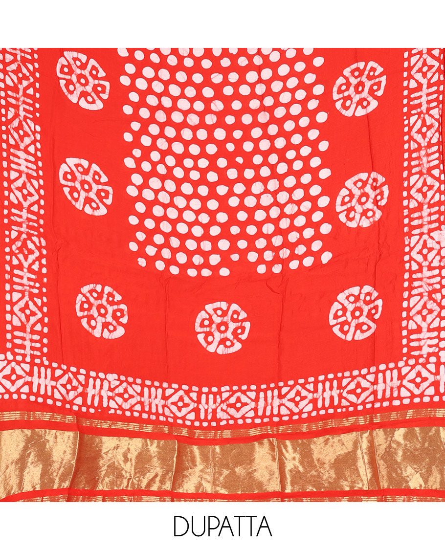 Chilli red material chudidar set, polka dots batik printed modal chanderi top, batik motifs printed bottom, and a batik motifs printed modal chanderi dupatta